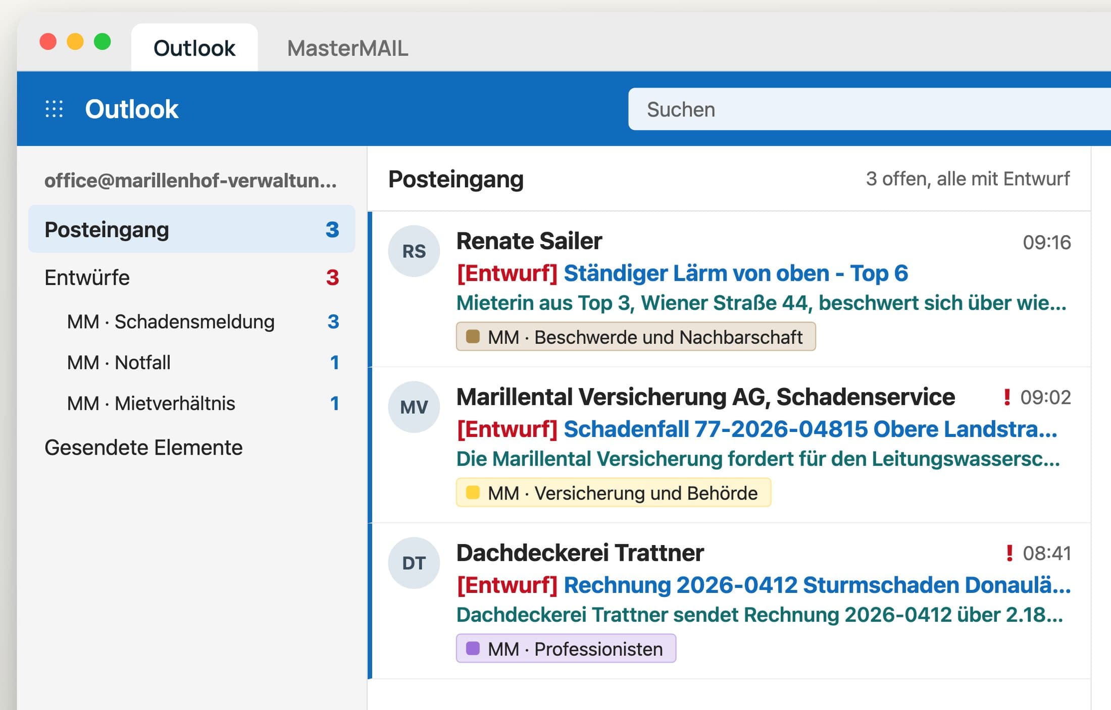 Aufgeräumter Posteingang, in dem nur Offenes bleibt, jede Mail mit fertigem Entwurf