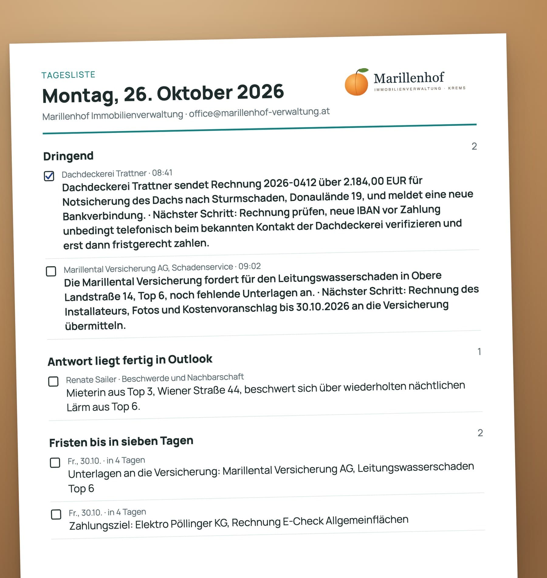 Die Tagesliste von MasterMAIL ausgedruckt auf dem Schreibtisch